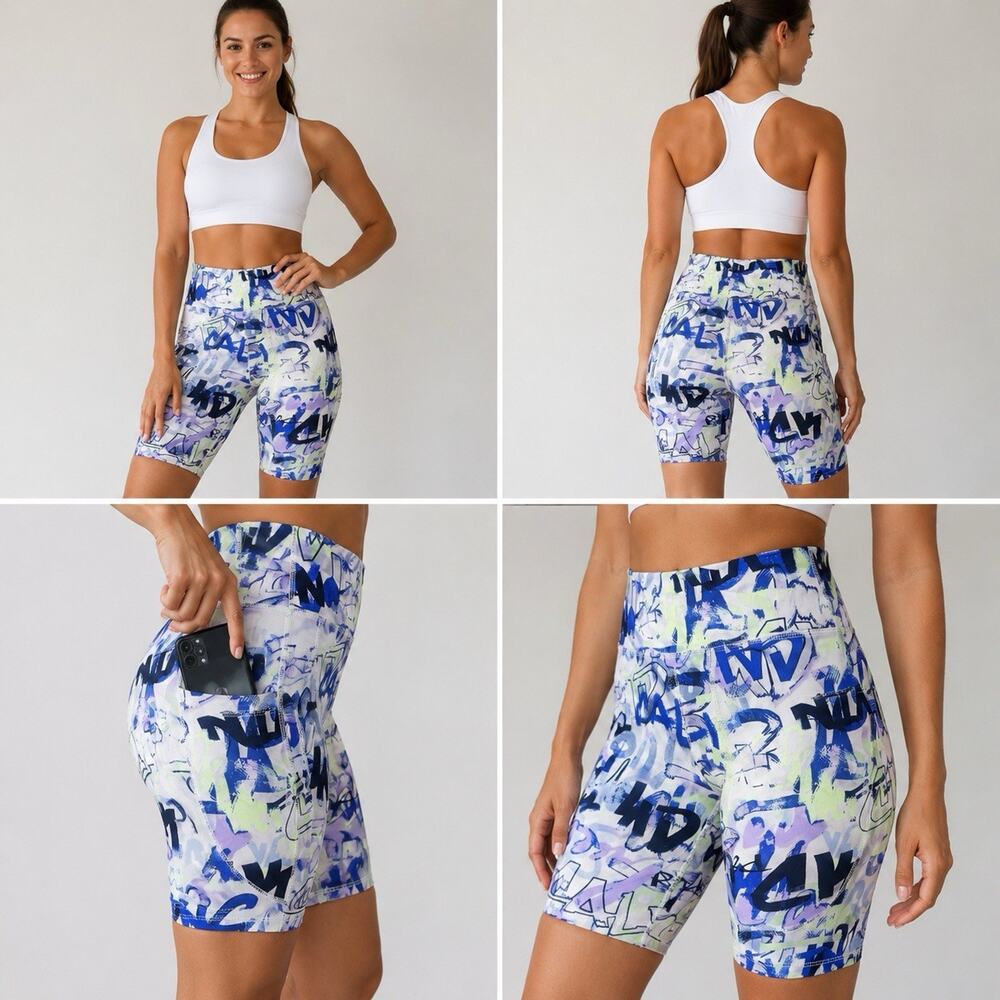 Calvin Klein Performance Bike Shorts XL White Blue Graffiti Print Stretch
